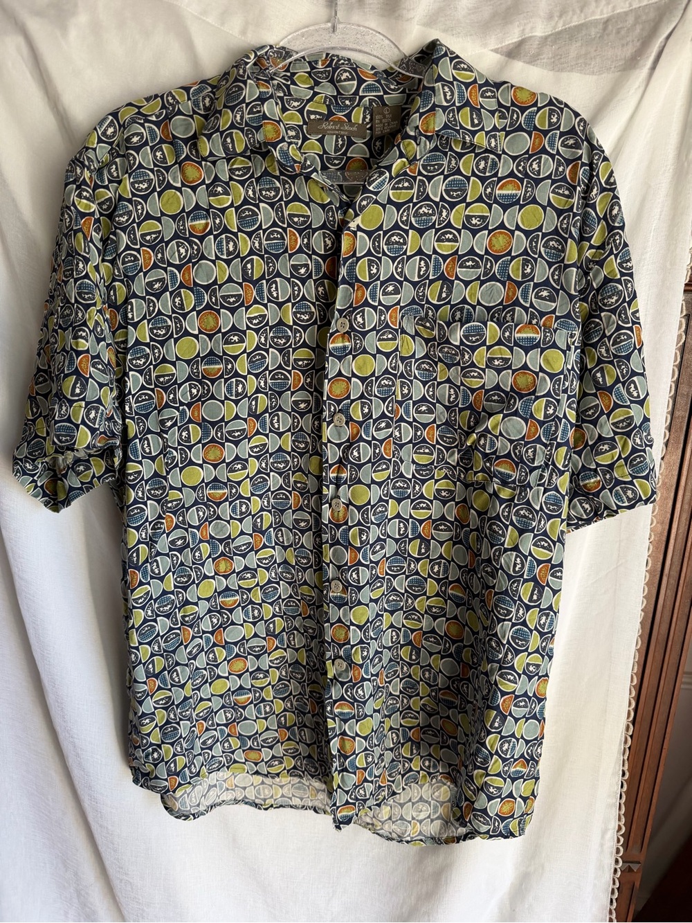 Vintage Robert Stock Men's Silk Shirt L Short Sleeve Button Up Retro Patterned